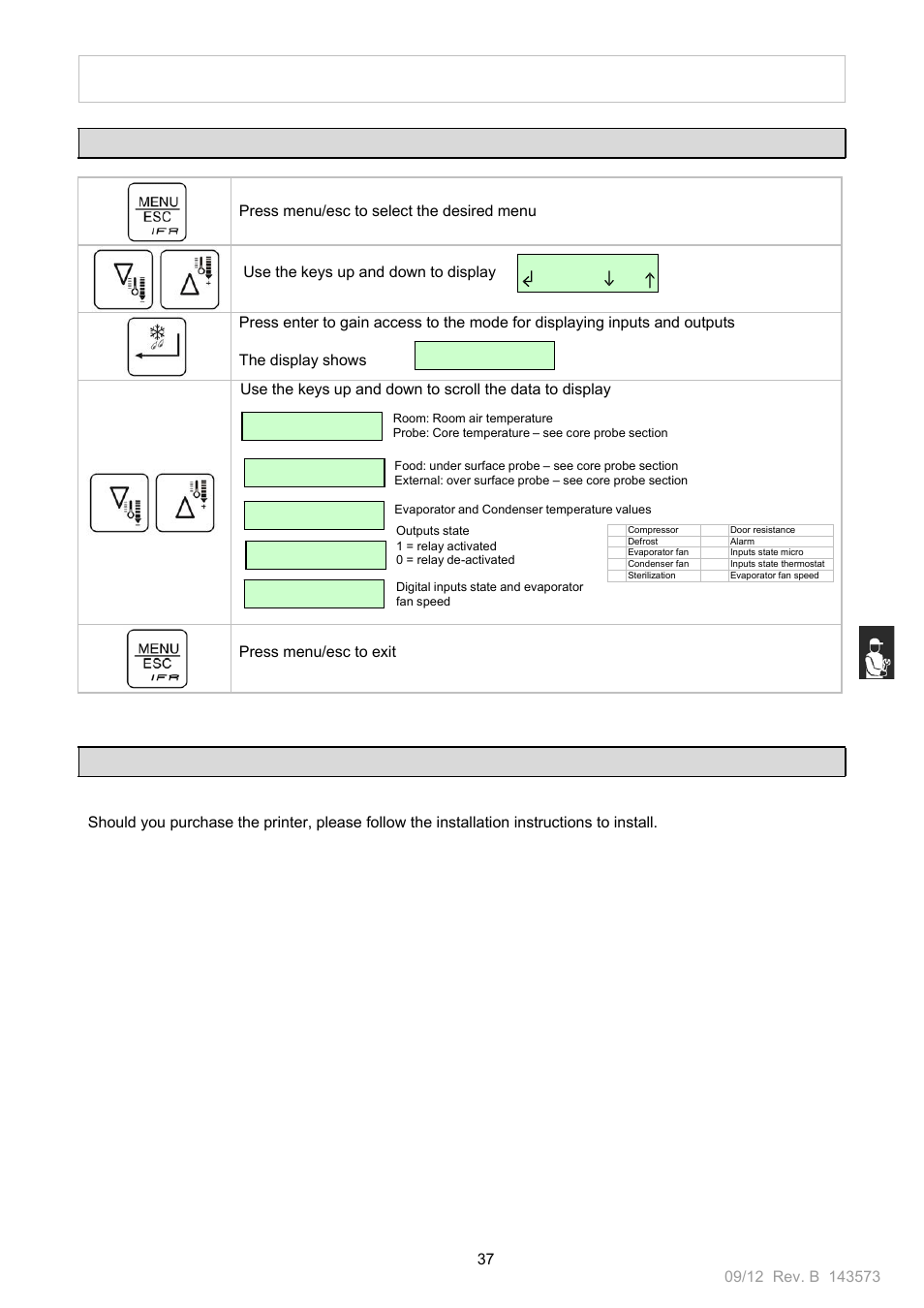 Inputs/outputs, Printer installation | Nor-Lake Blast Chillers & Blast Chillers-Freezers User Manual | Page 37 / 46