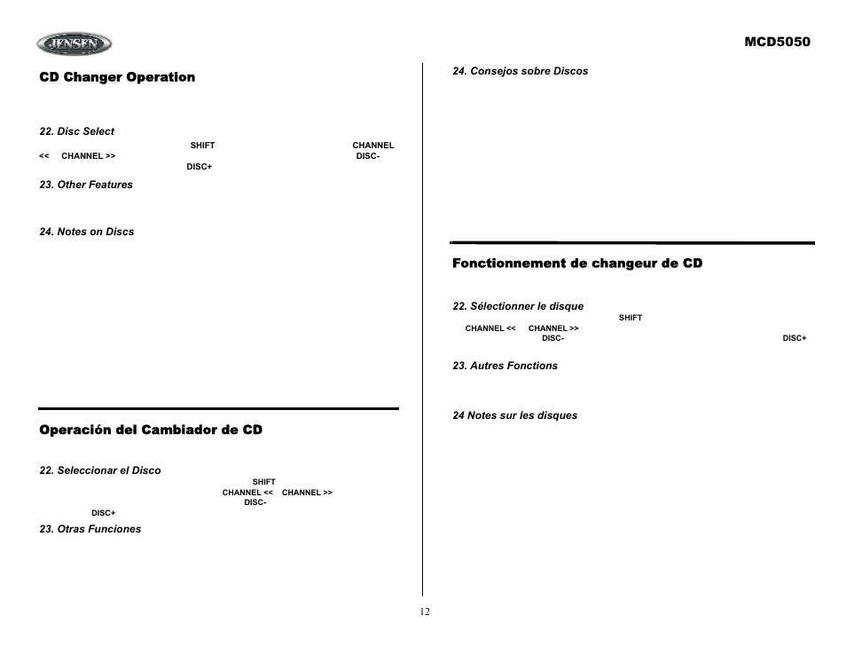 Cd changer operation, Disc select, Other features | Notes on discs, Operación del cambiador de cd, Otras funciones, Consejos sobre discos, Fonctionnement de changeur de cd, Sélectionner le disque, Autres fonctions | ASA Electronics MCD5050 User Manual | Page 12 / 15