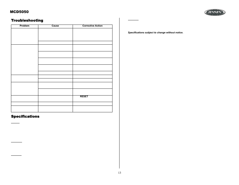 Troubleshooting, Mcd5050, Troubleshooting specifications | ASA Electronics MCD5050 User Manual | Page 13 / 15