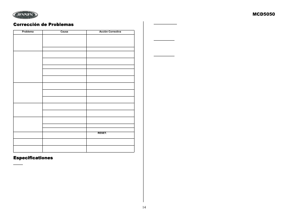 Mcd5050, Corrección de problemas especificationes | ASA Electronics MCD5050 User Manual | Page 14 / 15