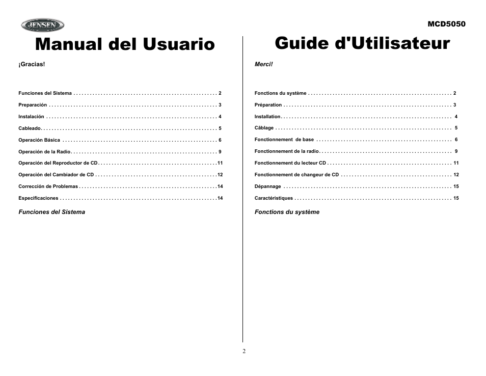 Funciones del sistema, Merci, Fonctions du système | Manual del usuario guide d'utilisateur, Mcd5050 | ASA Electronics MCD5050 User Manual | Page 2 / 15