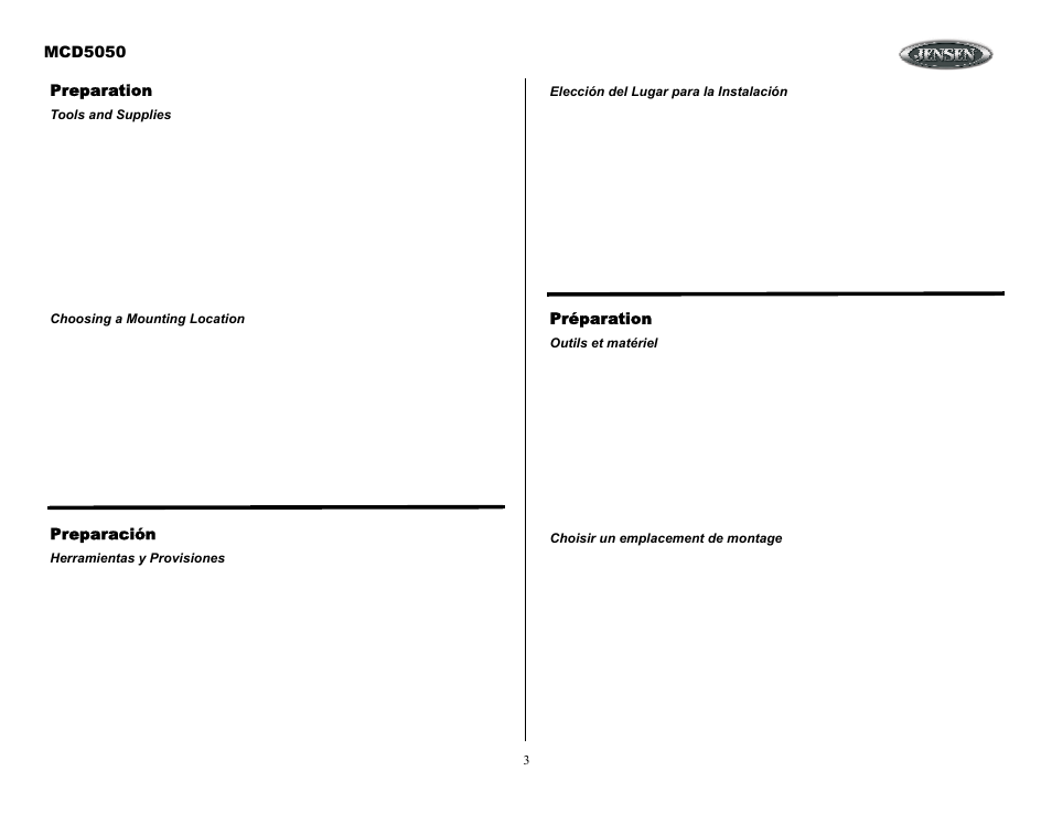 Preparation, Tools and supplies, Choosing a mounting location | Preparación, Herramientas y provisiones, Elección del lugar para la instalación, Préparation, Outils et matériel, Choisir un emplacement de montage, Mcd5050 | ASA Electronics MCD5050 User Manual | Page 3 / 15