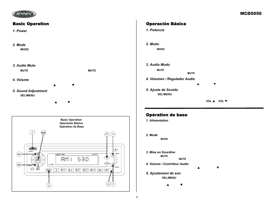 Basic operation, Power, Mode | Audio mute, Volume, Sound adjustment, Operación básica, Potencia, Modo, Audio mudo | ASA Electronics MCD5050 User Manual | Page 6 / 15