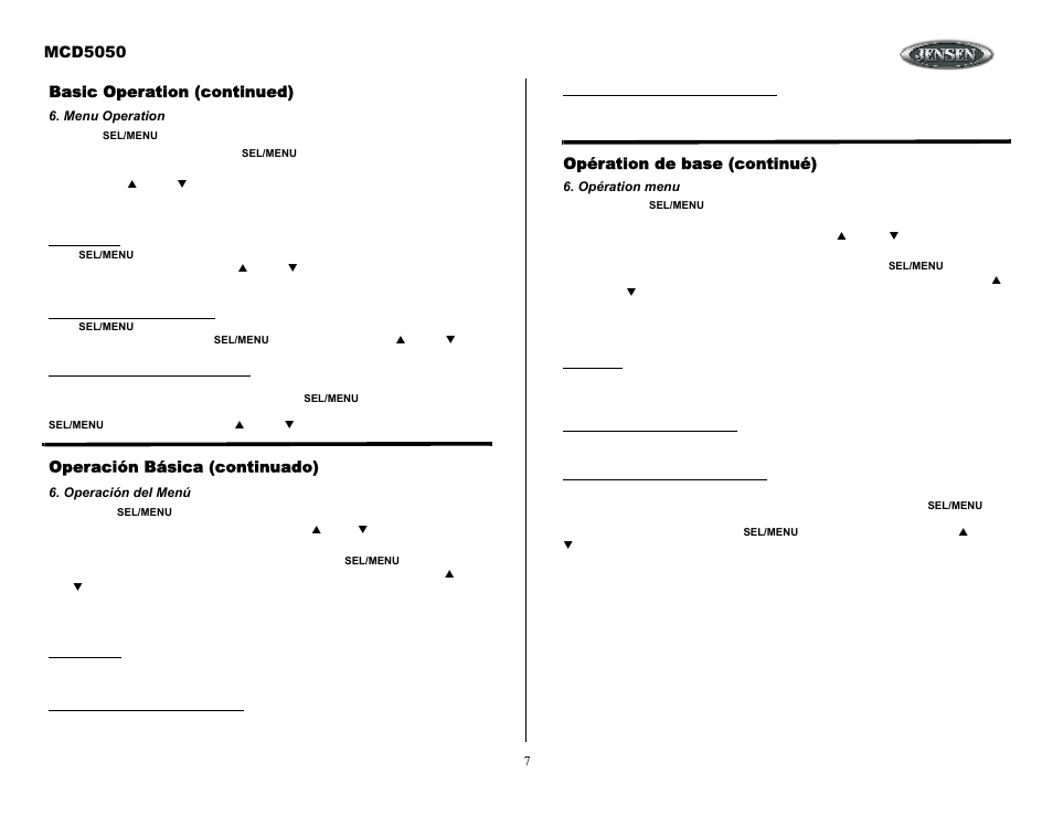 Opération menu, Basic operation (continued), Menu operation | Operación básica (continuado), Operación del menú, Mcd5050, Opération de base (continué) | ASA Electronics MCD5050 User Manual | Page 7 / 15