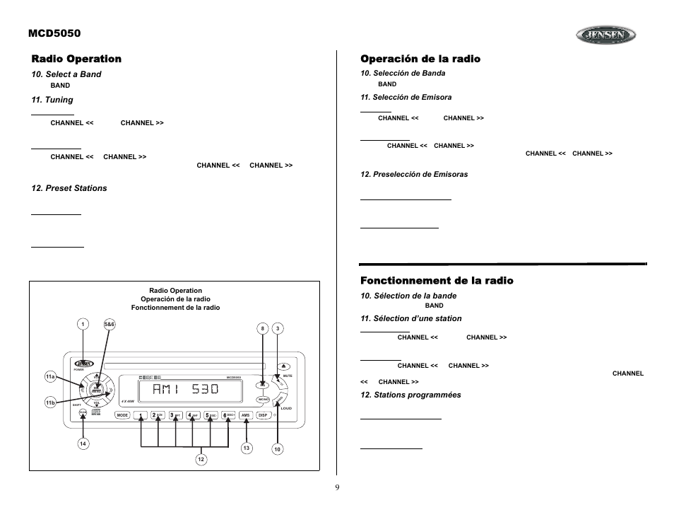 Radio operation, Select a band, Tuning | Preset stations, Operación de la radio, Selección de banda, Selección de emisora, Preselección de emisoras, Fonctionnement de la radio, Sélection de la bande | ASA Electronics MCD5050 User Manual | Page 9 / 15
