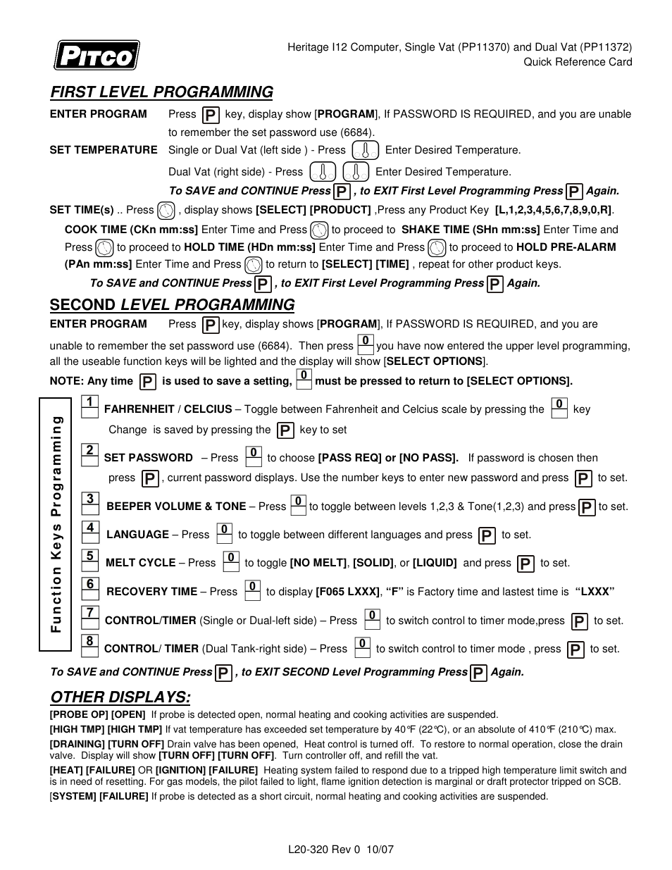 First level programming, Second level programming, Other displays | Pitco Frialator HERITAGE I12 User Manual | Page 2 / 2