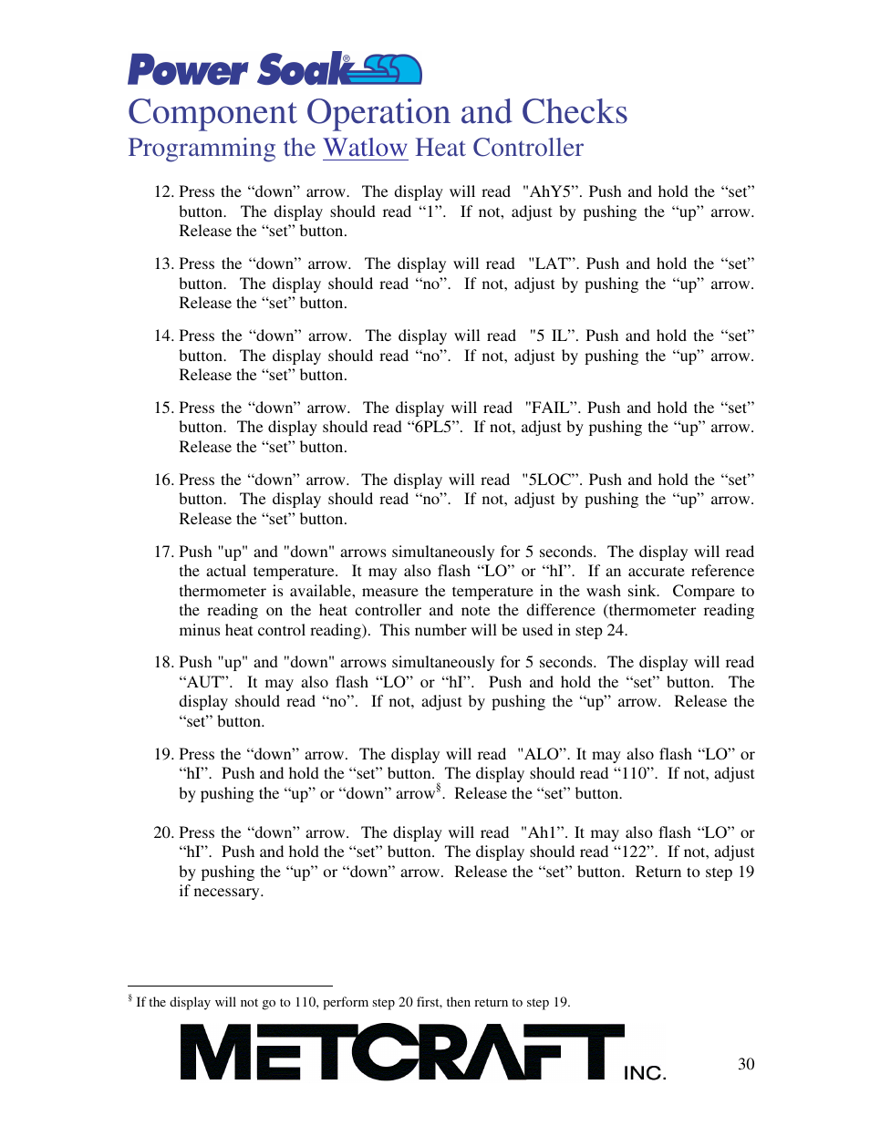 Component operation and checks, Programming the watlow heat controller | Power Soak MX-220-H Owner's Manual User Manual | Page 31 / 50