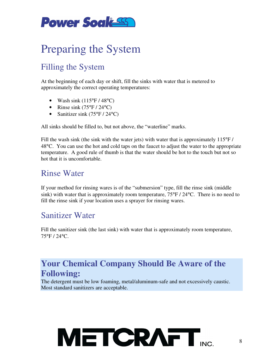 Preparing the system, Filling the system, Rinse water | Sanitizer water | Power Soak MX-220-H Owner's Manual User Manual | Page 9 / 50