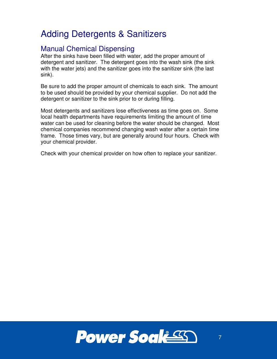 Adding detergents & sanitizers | Power Soak 27746 PS-200 Owner's Manual User Manual | Page 11 / 28