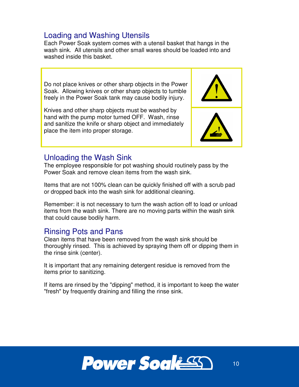 Loading and washing utensils, Unloading the wash sink, Rinsing pots and pans | Power Soak 27746 PS-200 Owner's Manual User Manual | Page 14 / 28