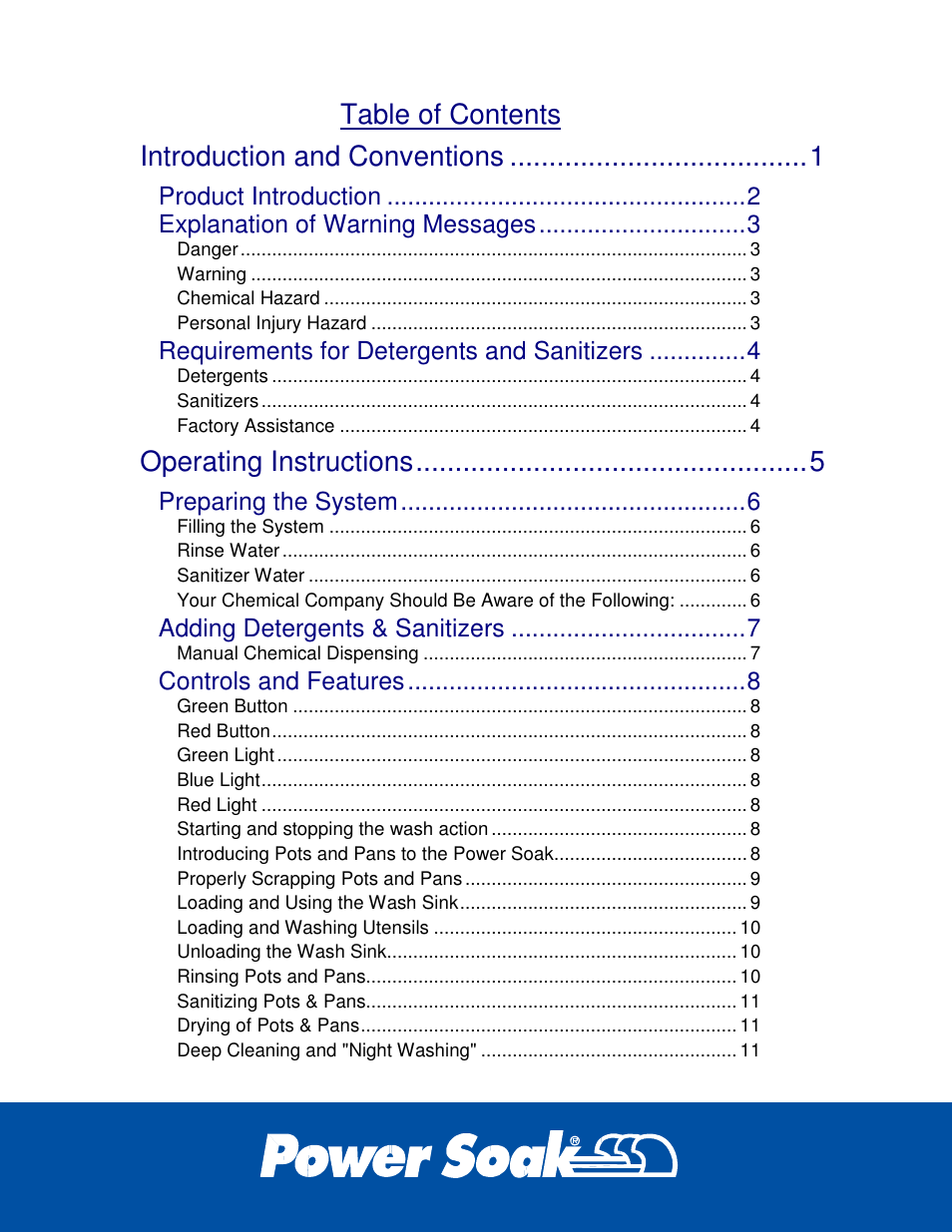 Table of contents introduction and conventions, Operating instructions, Product introduction | Explanation of warning messages, Requirements for detergents and sanitizers, Preparing the system, Adding detergents & sanitizers, Controls and features | Power Soak 27746 PS-200 Owner's Manual User Manual | Page 2 / 28