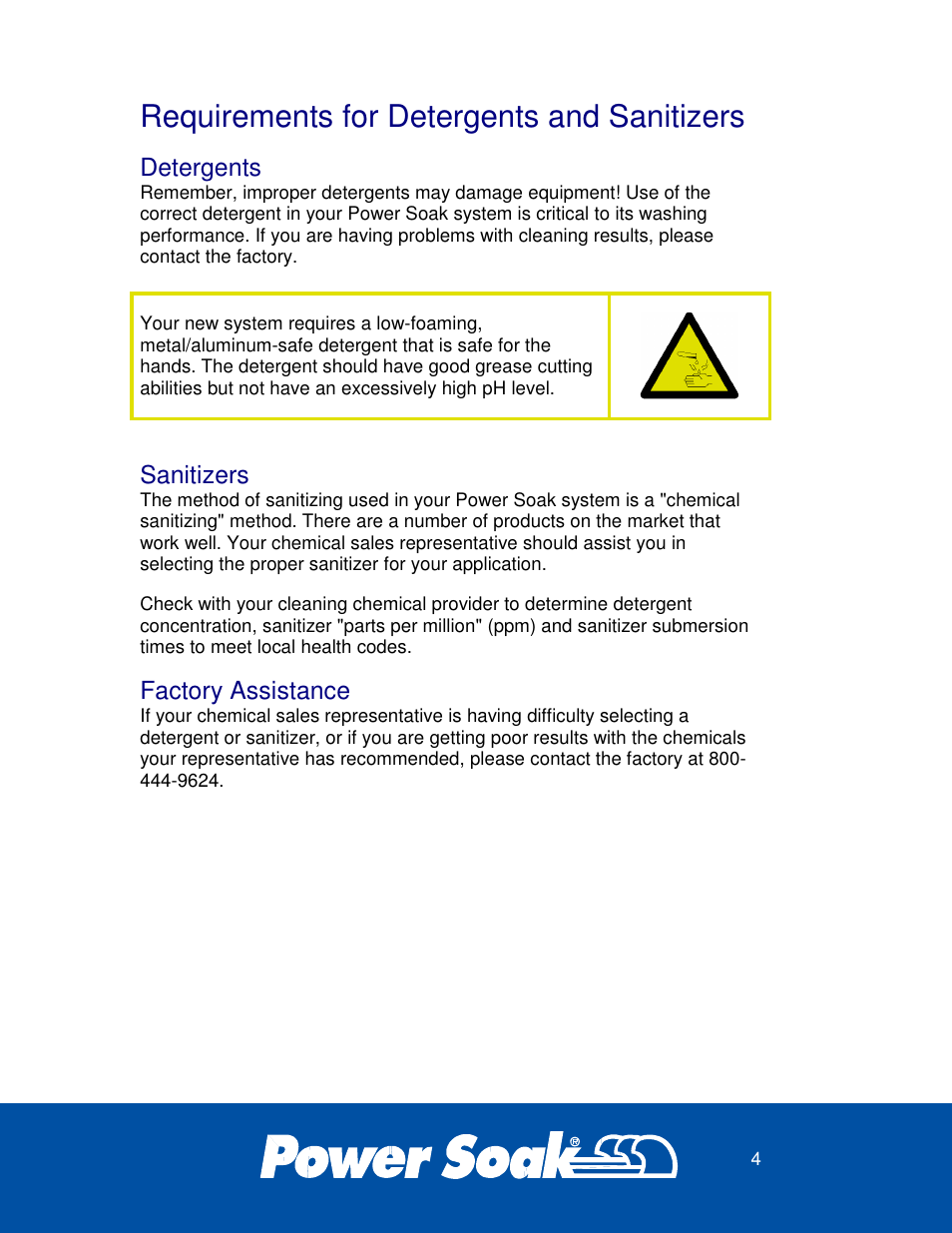 Requirements for detergents and sanitizers | Power Soak 27746 PS-200 Owner's Manual User Manual | Page 8 / 28