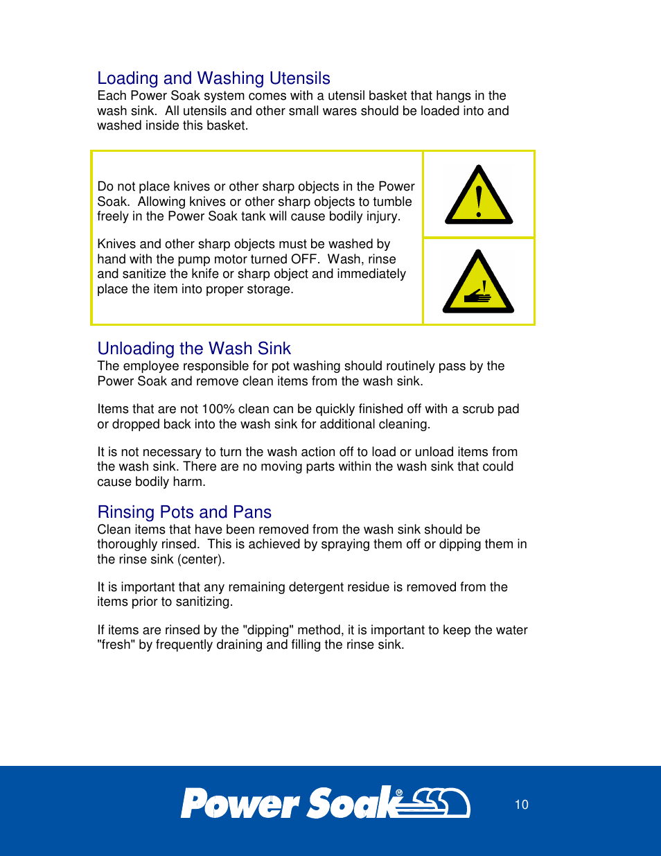 Loading and washing utensils, Unloading the wash sink, Rinsing pots and pans | Power Soak 37099 PS-201 Owner's Manual User Manual | Page 14 / 28