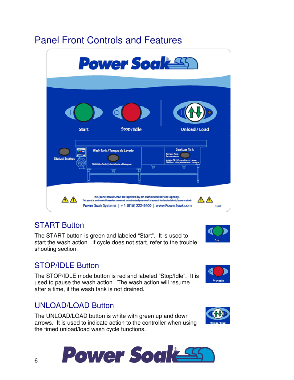 Panel front controls and features, Start button, Stop/idle button | Unload/load button | Power Soak 33755 PS-225 Owner's Manual User Manual | Page 10 / 36