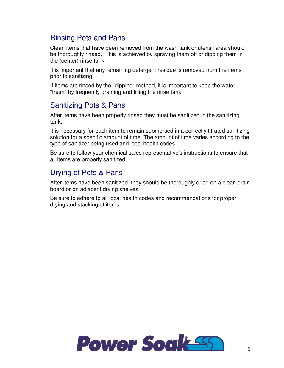 Rinsing pots and pans, Sanitizing pots & pans, Drying of pots & pans | Power Soak 33755 PS-225 Owner's Manual User Manual | Page 19 / 36