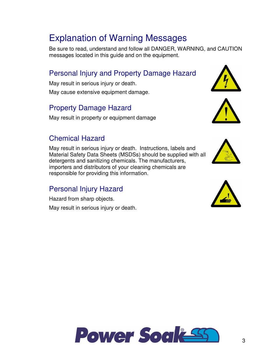 Explanation of warning messages, Personal injury and property damage hazard, Property damage hazard | Chemical hazard, Personal injury hazard | Power Soak 33755 PS-225 Owner's Manual User Manual | Page 7 / 36