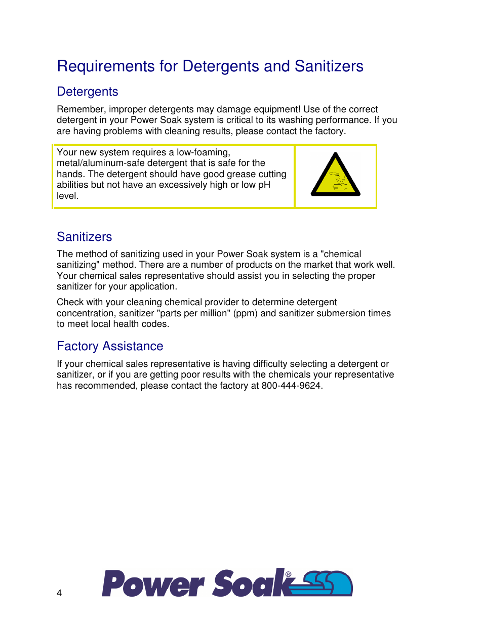 Requirements for detergents and sanitizers, Detergents, Sanitizers | Factory assistance | Power Soak 33755 PS-225 Owner's Manual User Manual | Page 8 / 36