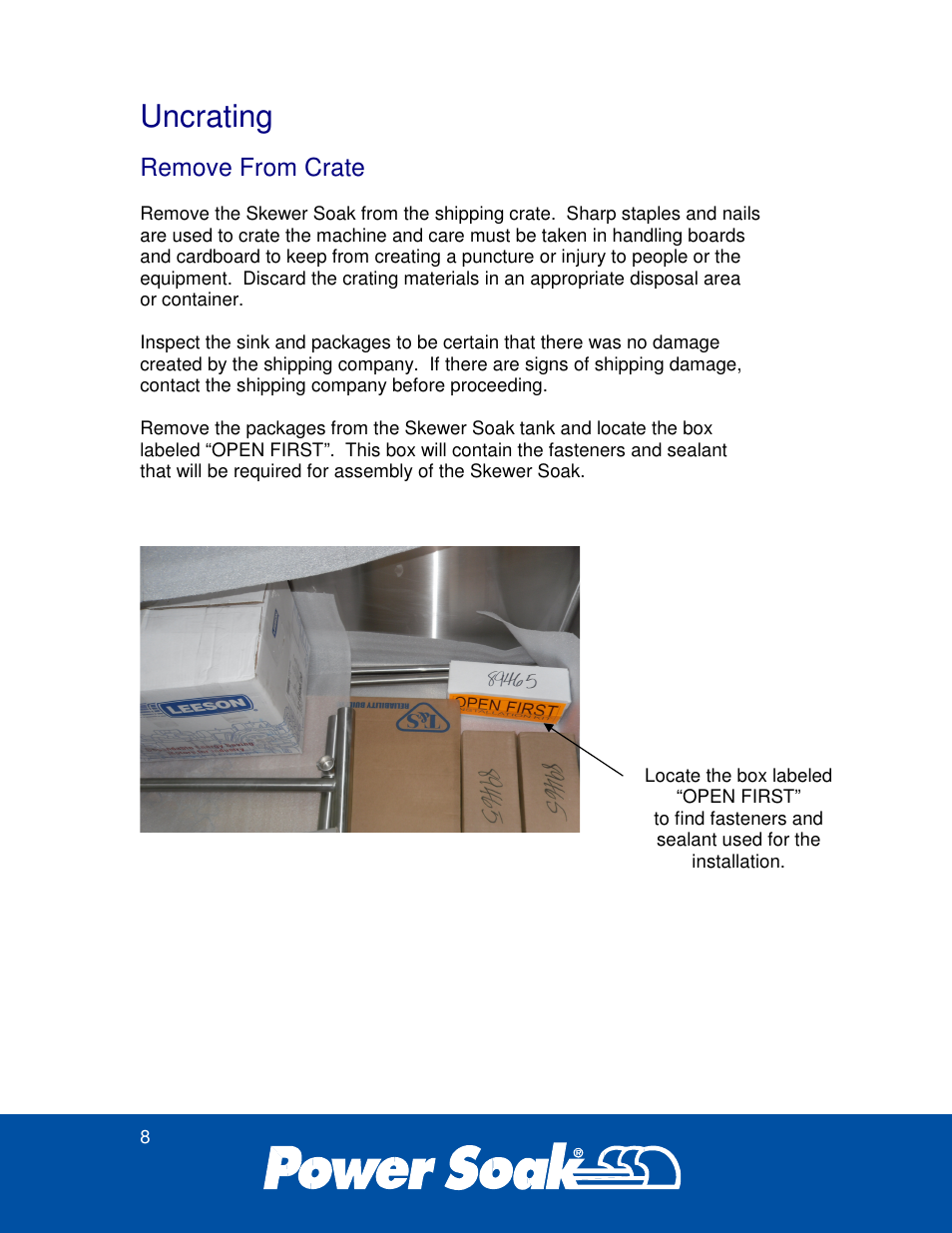 Uncrating, Remove from crate | Power Soak 35351 Skewer Soak INstallation Manual User Manual | Page 12 / 32