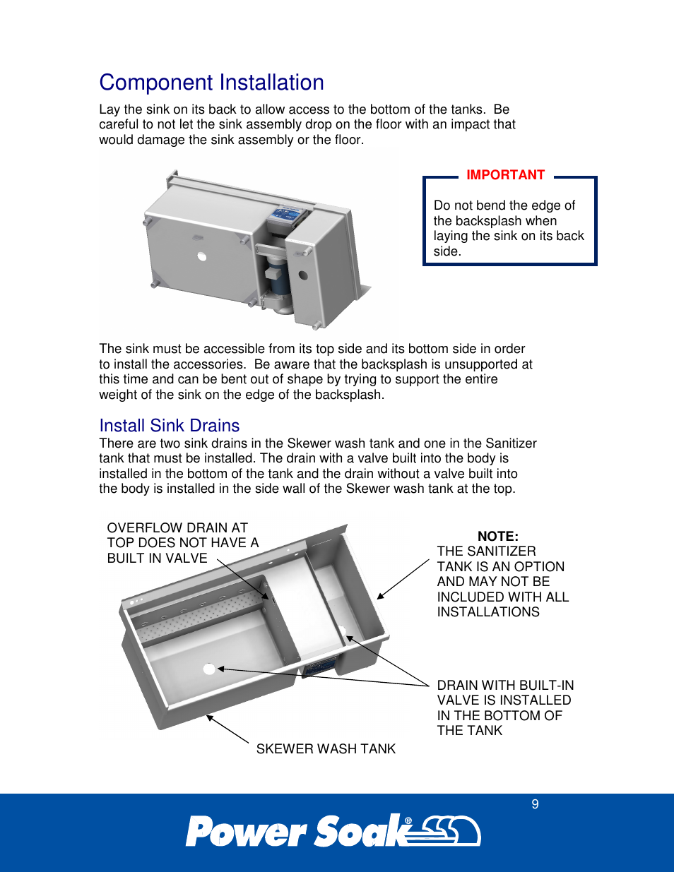 Component installation, Install sink drains | Power Soak 35351 Skewer Soak INstallation Manual User Manual | Page 13 / 32