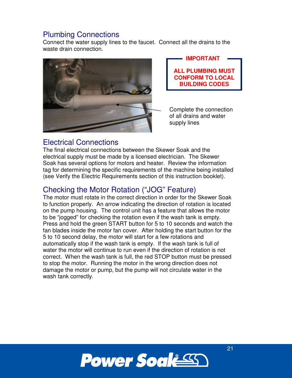 Plumbing connections, Electrical connections, Checking the motor rotation (“jog” feature) | Power Soak 35351 Skewer Soak INstallation Manual User Manual | Page 25 / 32