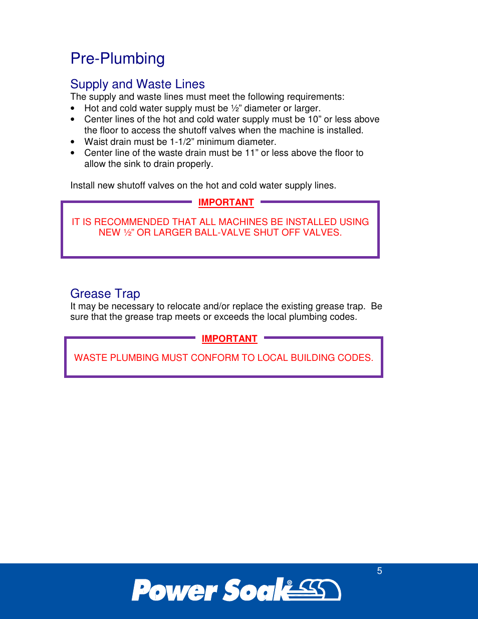 Pre-plumbing, Supply and waste lines, Grease trap | Power Soak 35351 Skewer Soak INstallation Manual User Manual | Page 9 / 32