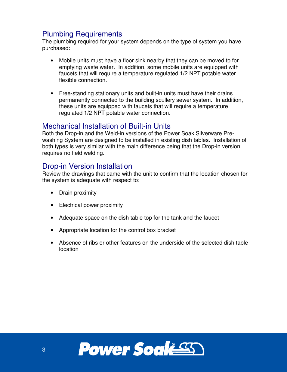 Plumbing requirements, Mechanical installation of built-in units, Drop-in version installation | Power Soak 33639 SILVERWARE PRE-WASHING SYSTEM INSTALLATION MANUAL User Manual | Page 3 / 8