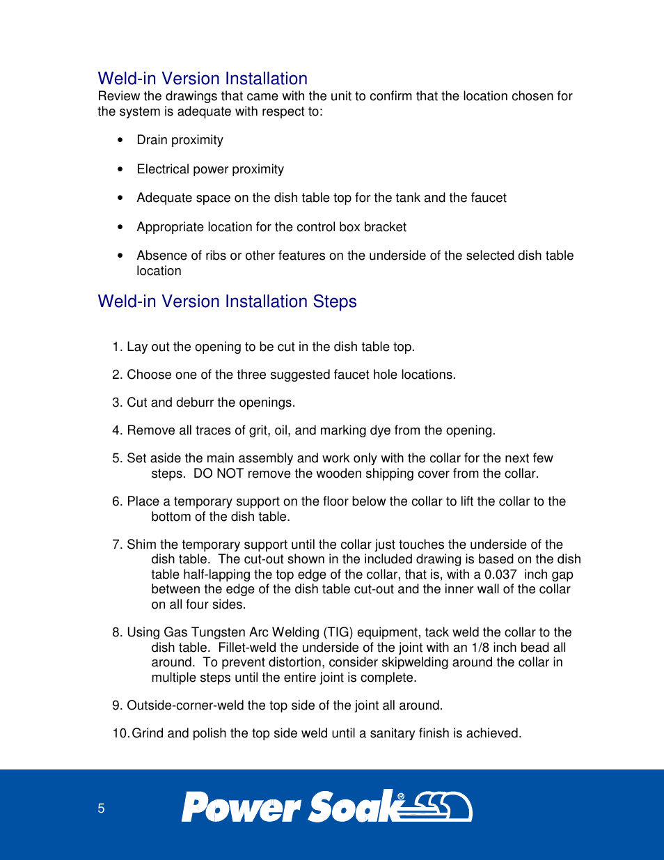 Weld-in version installation, Weld-in version installation steps | Power Soak 33639 SILVERWARE PRE-WASHING SYSTEM INSTALLATION MANUAL User Manual | Page 5 / 8