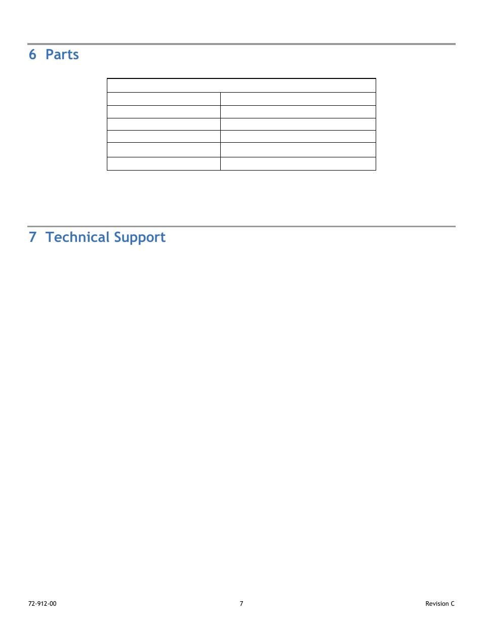 Factory service policy, 6 parts, 7 technical support | Warranty, Coupon rack replacement parts | Pulsafeeder Corrosion Coupon Rack User Manual | Page 7 / 7