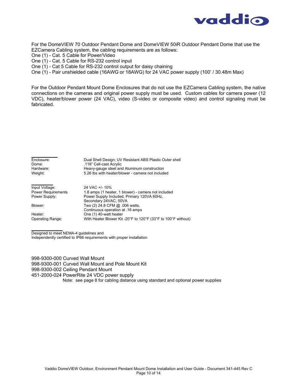 Cabling requirements, General specifications, Optional accessories | Vaddio DomeVIEW Outdoor Pendant Mount User Manual | Page 10 / 14