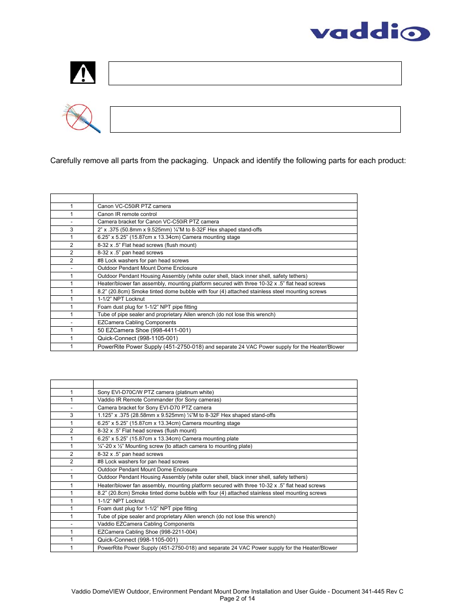 Unpackaging – system component lists | Vaddio DomeVIEW Outdoor Pendant Mount User Manual | Page 2 / 14