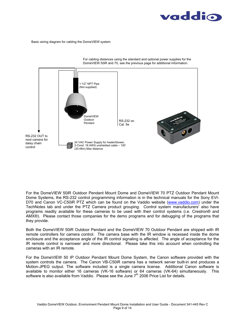 Camera control | Vaddio DomeVIEW Outdoor Pendant Mount User Manual | Page 9 / 14