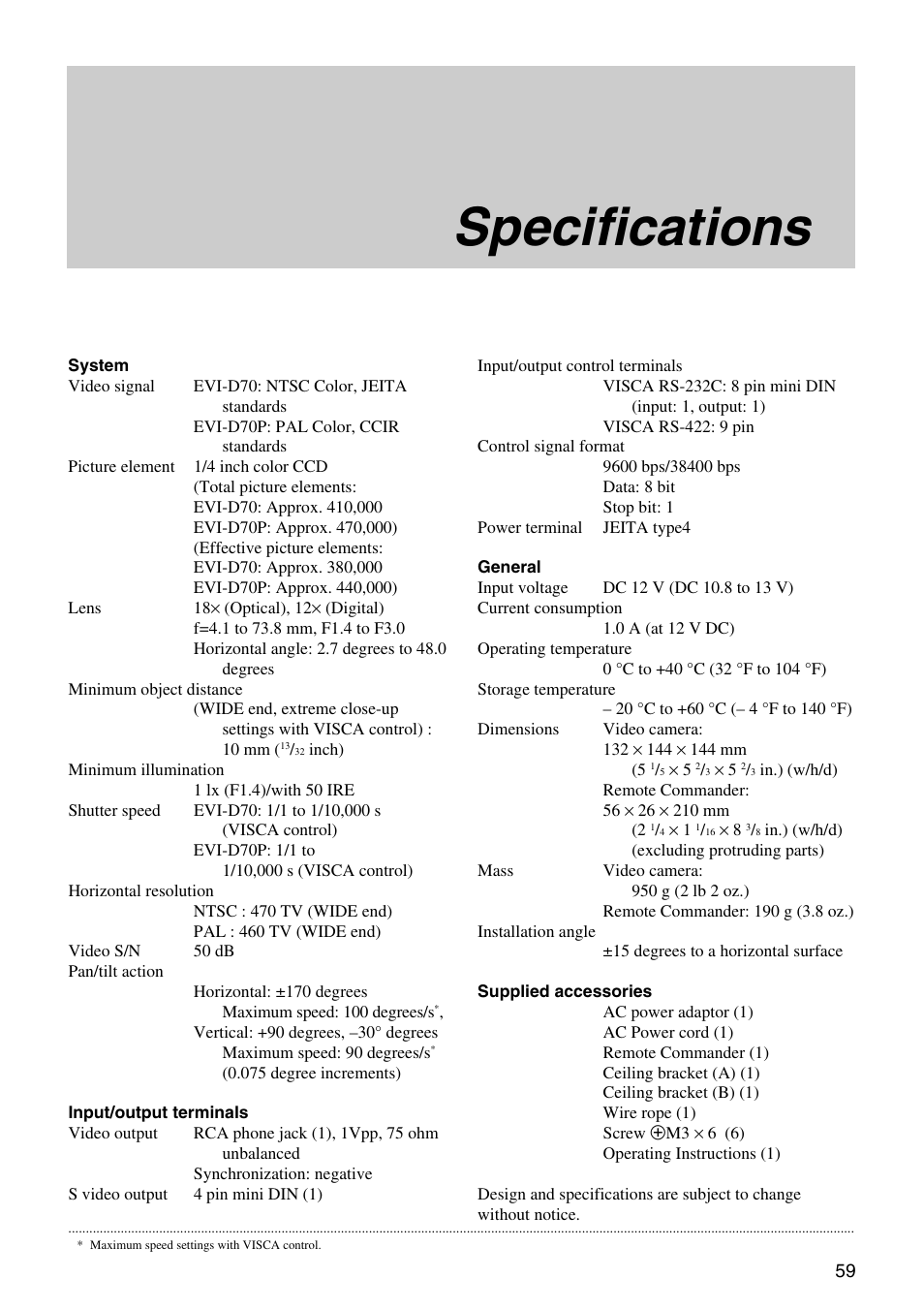 Specifications | Vaddio Sony EVI-D70 PTZ Camera User Manual | Page 59 / 61