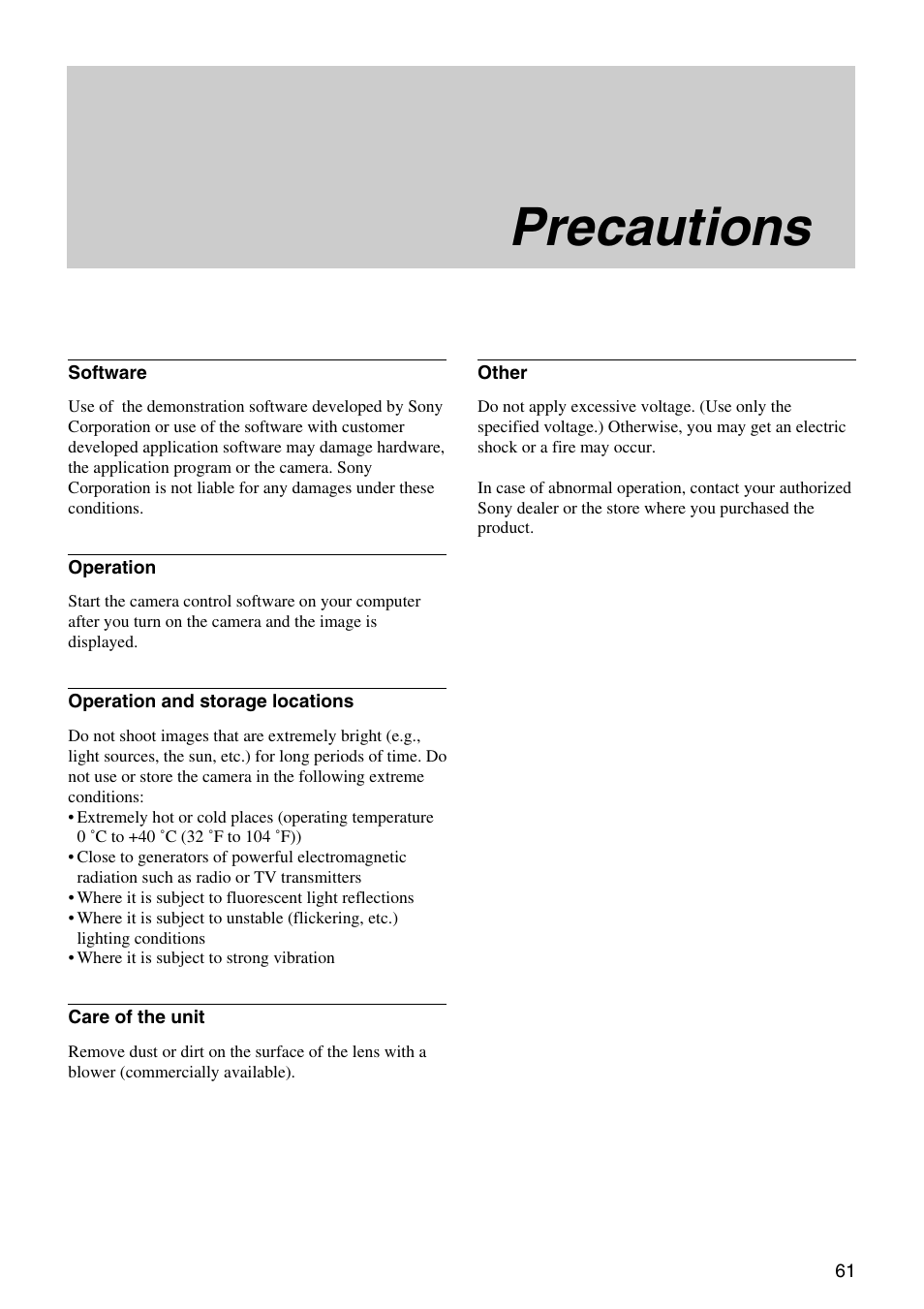 Precautions | Vaddio Sony EVI-D70 PTZ Camera User Manual | Page 61 / 61