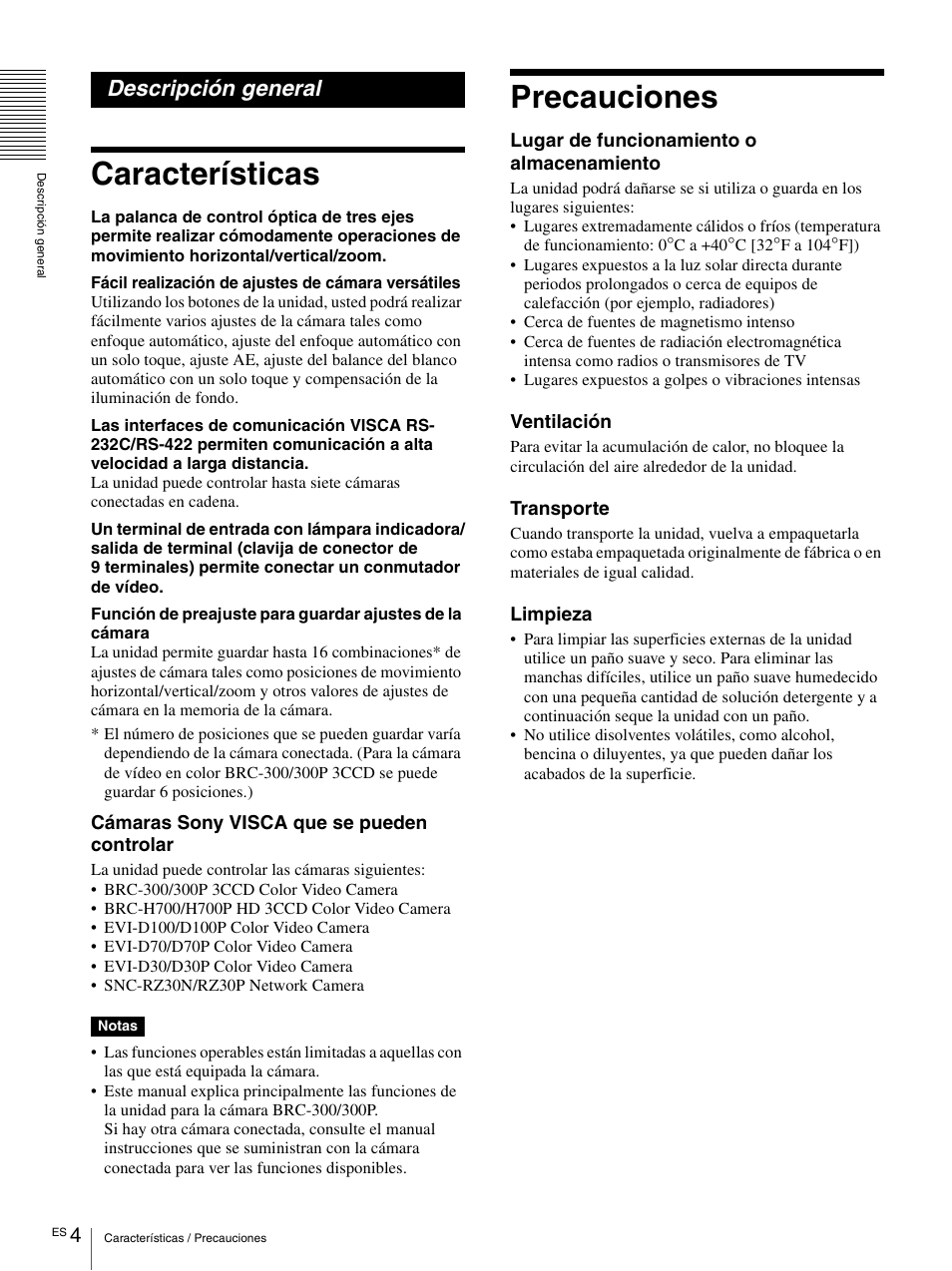 Descripción general, Características, Precauciones | Características precauciones | Vaddio Sony RMBR-300 Tech User Manual | Page 40 / 76
