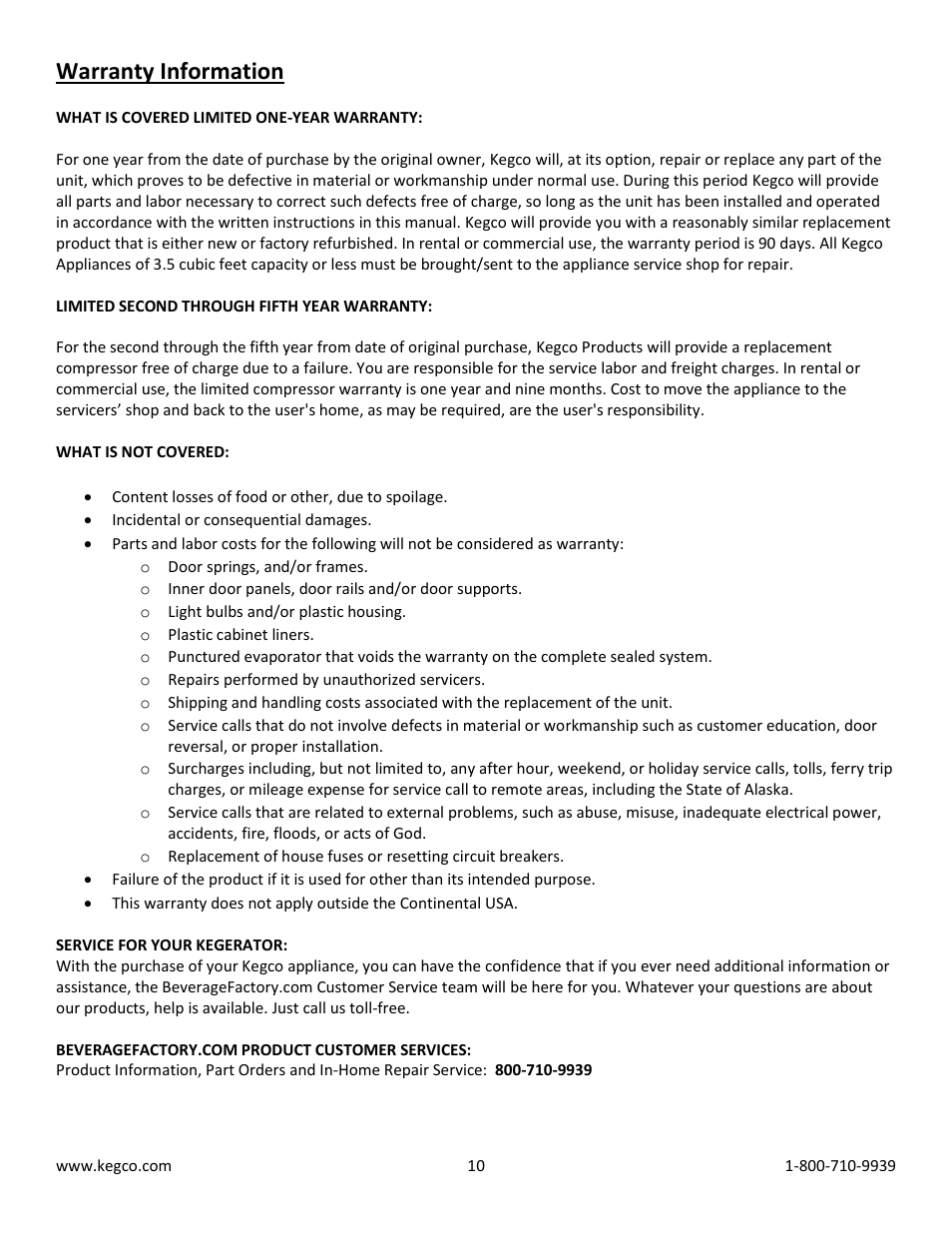 Warranty information | Kegco K309SS-2HB User Manual | Page 10 / 10