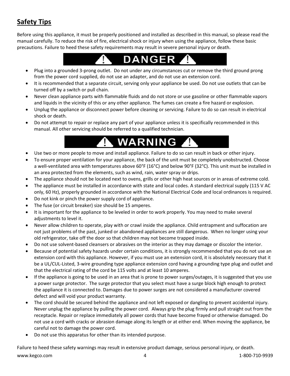 Safety tips | Kegco K309SS-2HB User Manual | Page 4 / 10