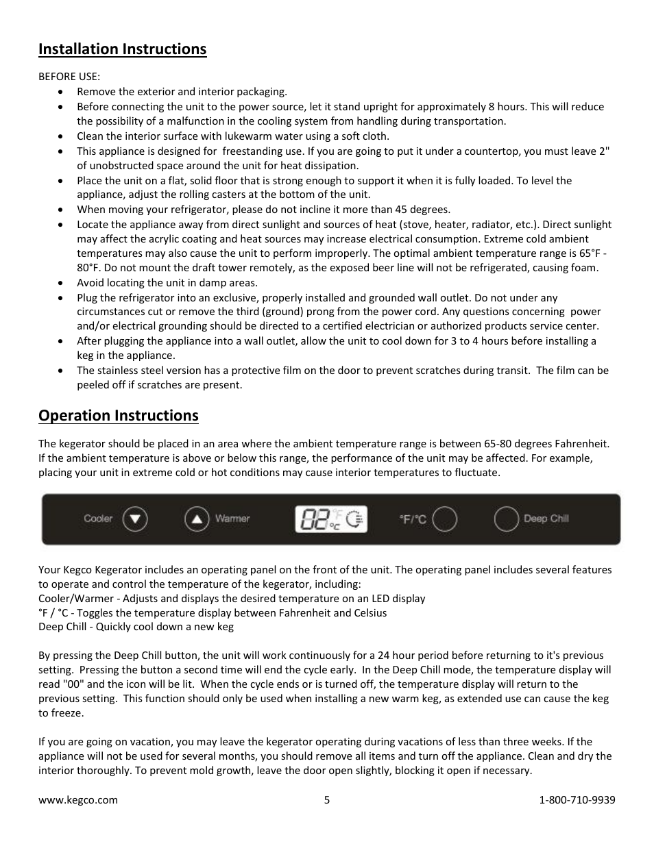 Installation instructions, Operation instructions | Kegco K309SS-2HB User Manual | Page 5 / 10