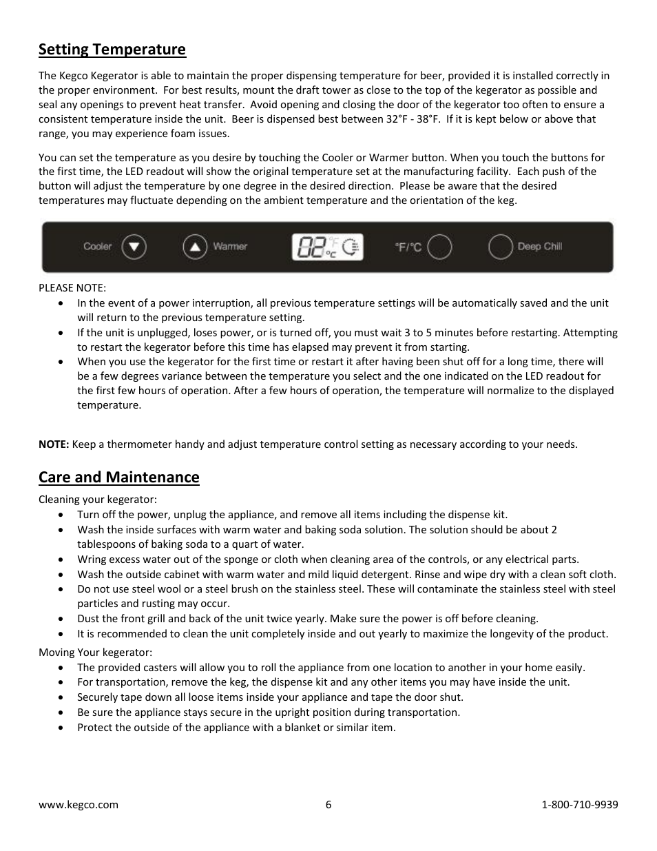 Setting temperature, Care and maintenance | Kegco K309SS-2HB User Manual | Page 6 / 10