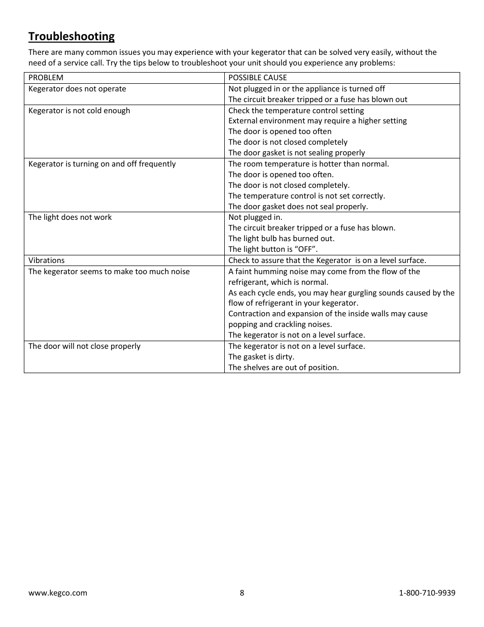 Troubleshooting | Kegco K309SS-2HB User Manual | Page 8 / 10