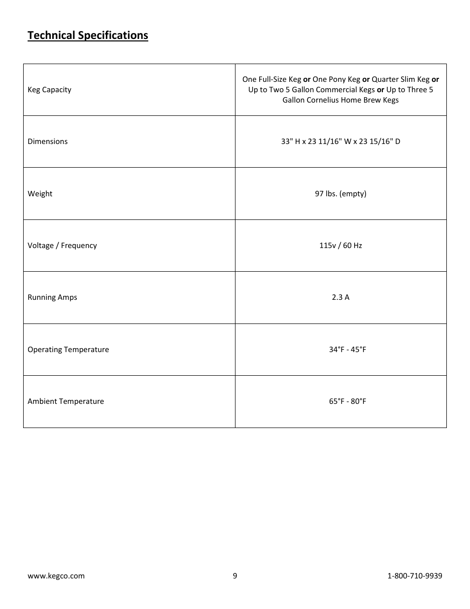 Technical specifications | Kegco K309SS-2HB User Manual | Page 9 / 10