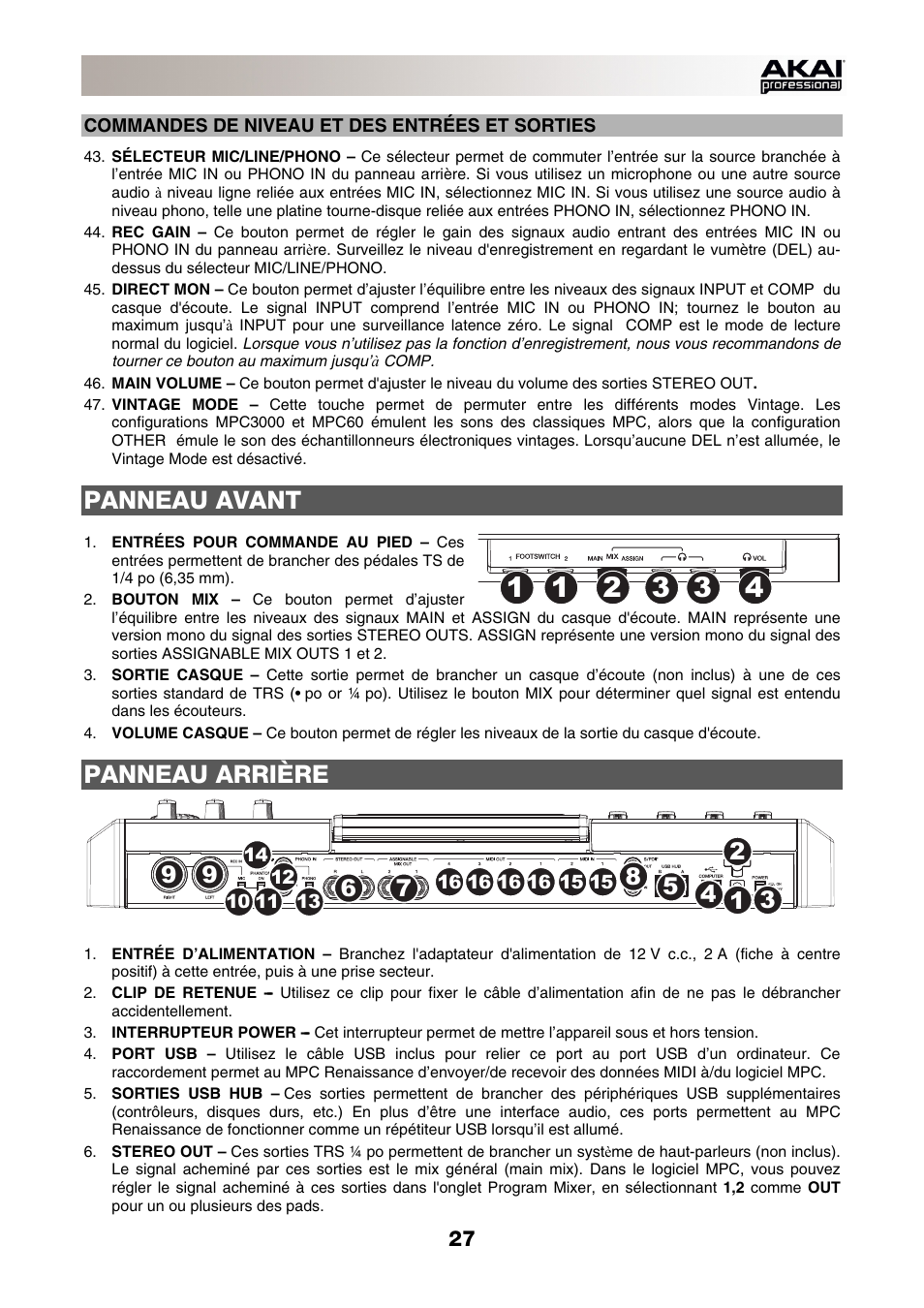 Commandes de niveau et des entrées et sorties, Panneau avant, Panneau arrière | Akai MPC-Renaissance User Manual | Page 27 / 50