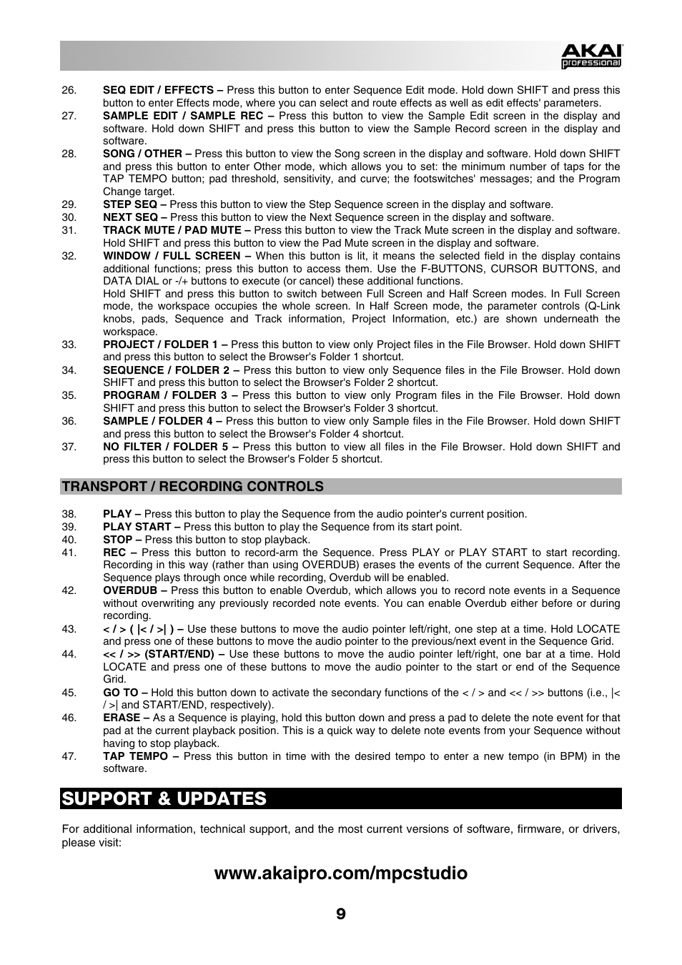 Support & updates, Transport / recording controls | Akai MPC Studio User Manual | Page 9 / 40
