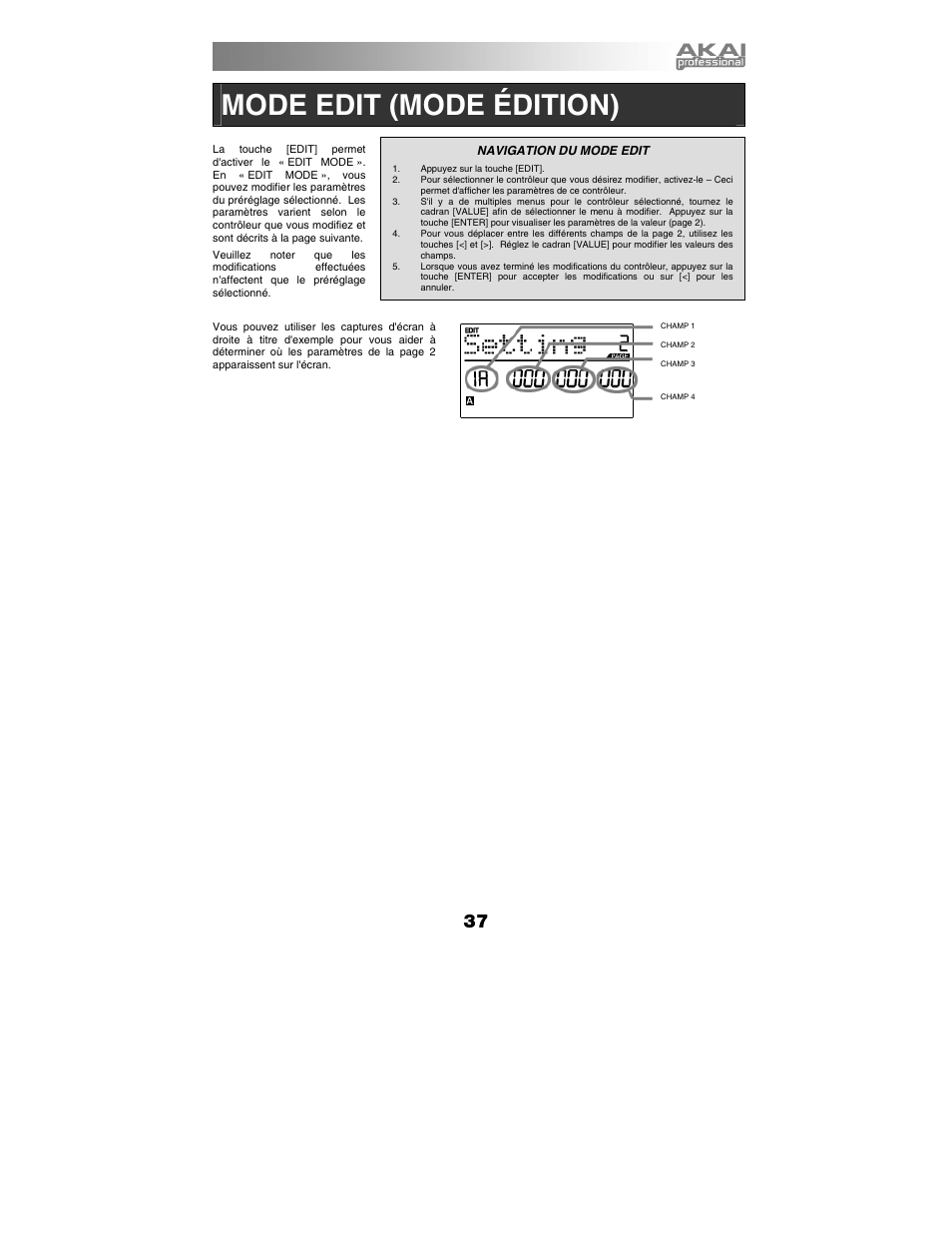 Mode edit (mode édition) | Akai mpk61 User Manual | Page 37 / 72