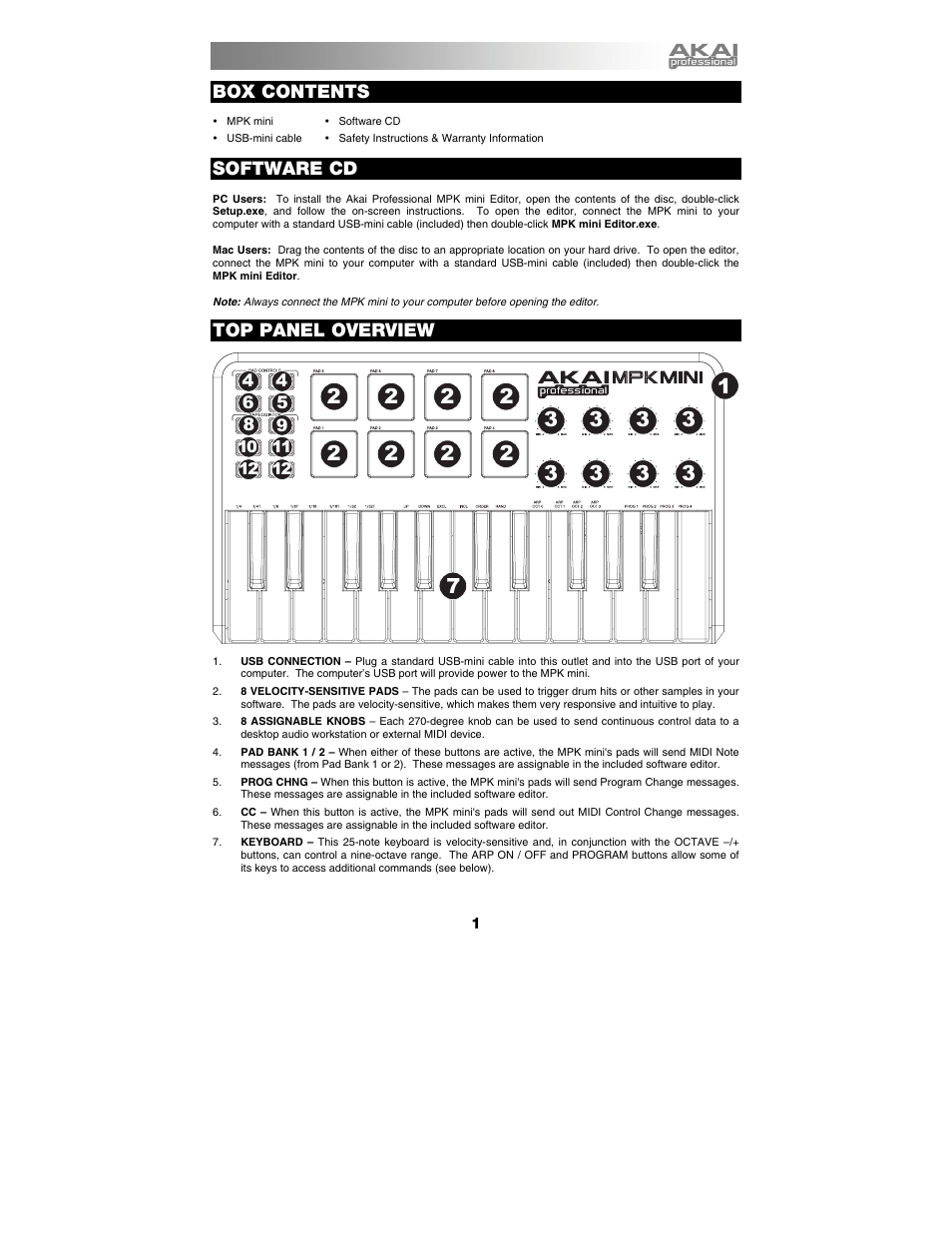 Box contents, Software cd, Top panel overview | Akai mpk_mini User Manual | Page 3 / 10