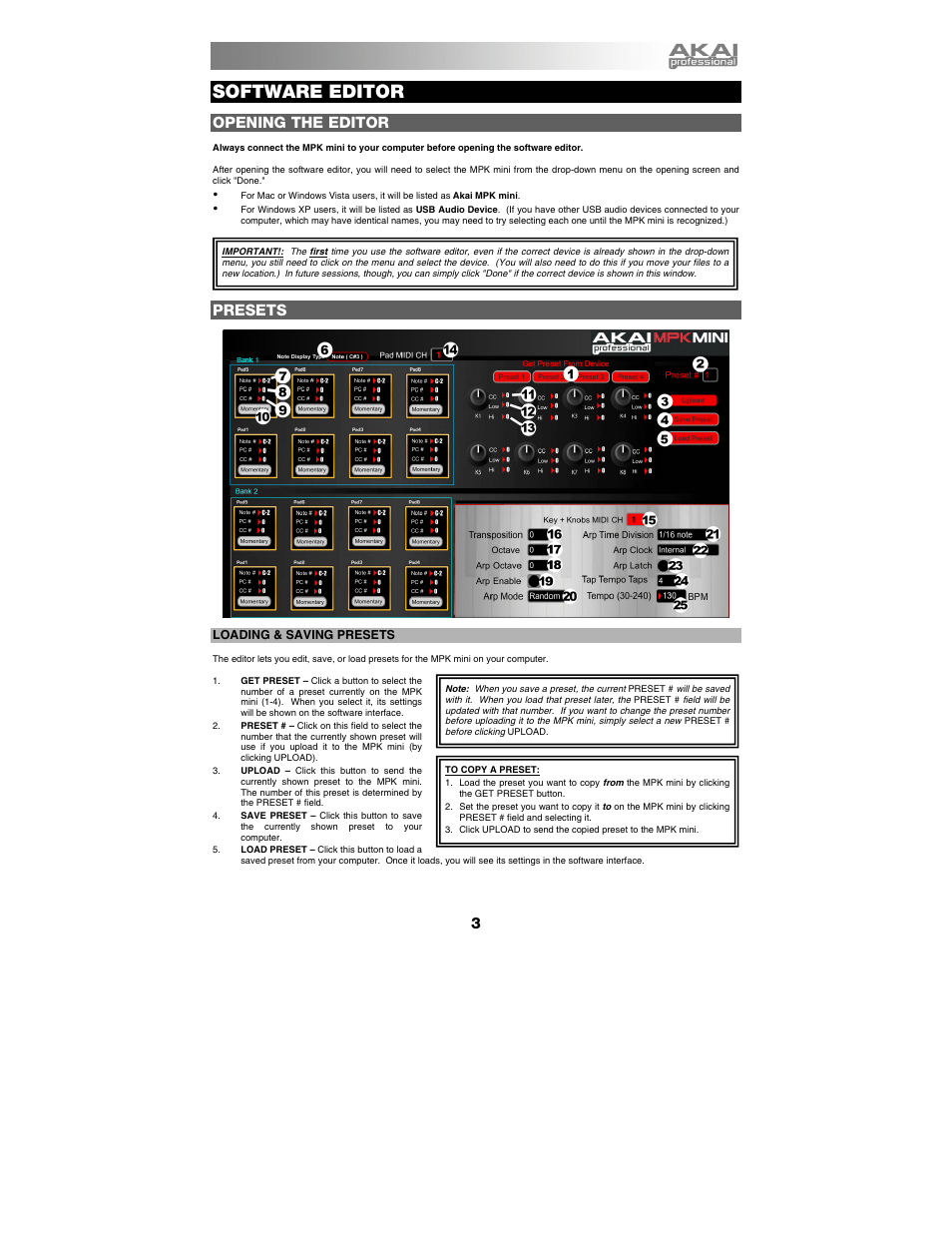 Software editor, Opening the editor, Presets | Akai mpk_mini User Manual | Page 5 / 10