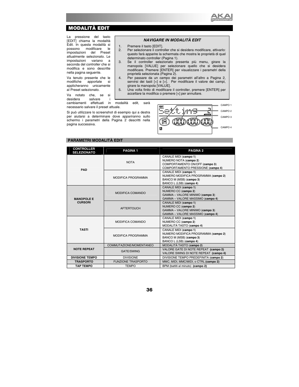 Modalità edit | Akai mpd26 User Manual | Page 37 / 52