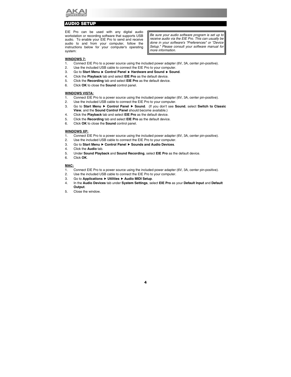 Audio setup | Akai eie_pro User Manual | Page 4 / 20