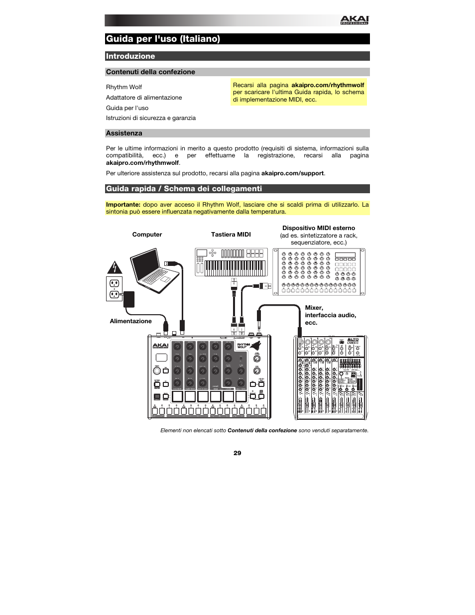 Guida per l'uso (italiano), Introduzione, Contenuti della confezione | Assistenza, Guida rapida / schema dei collegamenti, Guida per l'uso, Italiano ( 29 – 37 ) | Akai Rhythm Wolf User Manual | Page 29 / 48