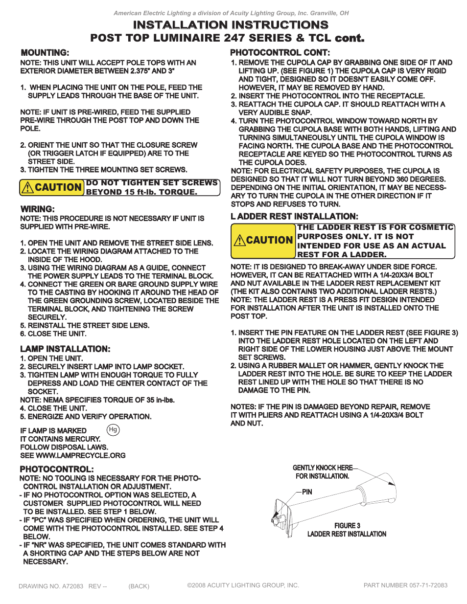 Installation instructions, Caution | American Electric Lighting American Revolution-247 User Manual | Page 2 / 2