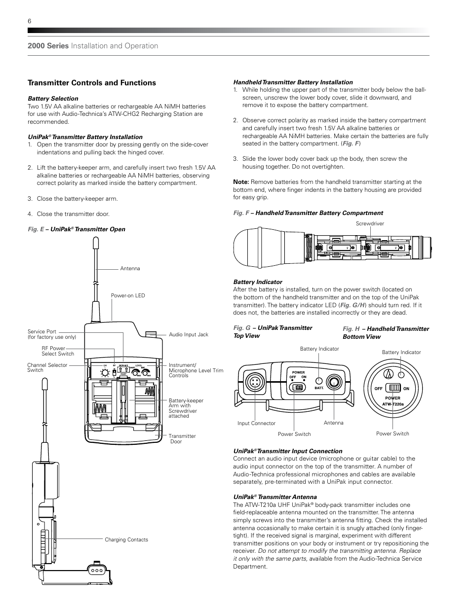 2000 series installation and operation, Transmitter controls and functions | Audio-Technica ATW-T210A User Manual | Page 6 / 12